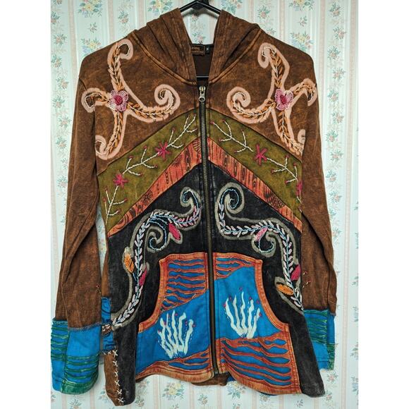 Rising International Jacket WOMENS SIZE M Full Zip Hoodie Boho Rust Nepal Hippie - Picture 1 of 10